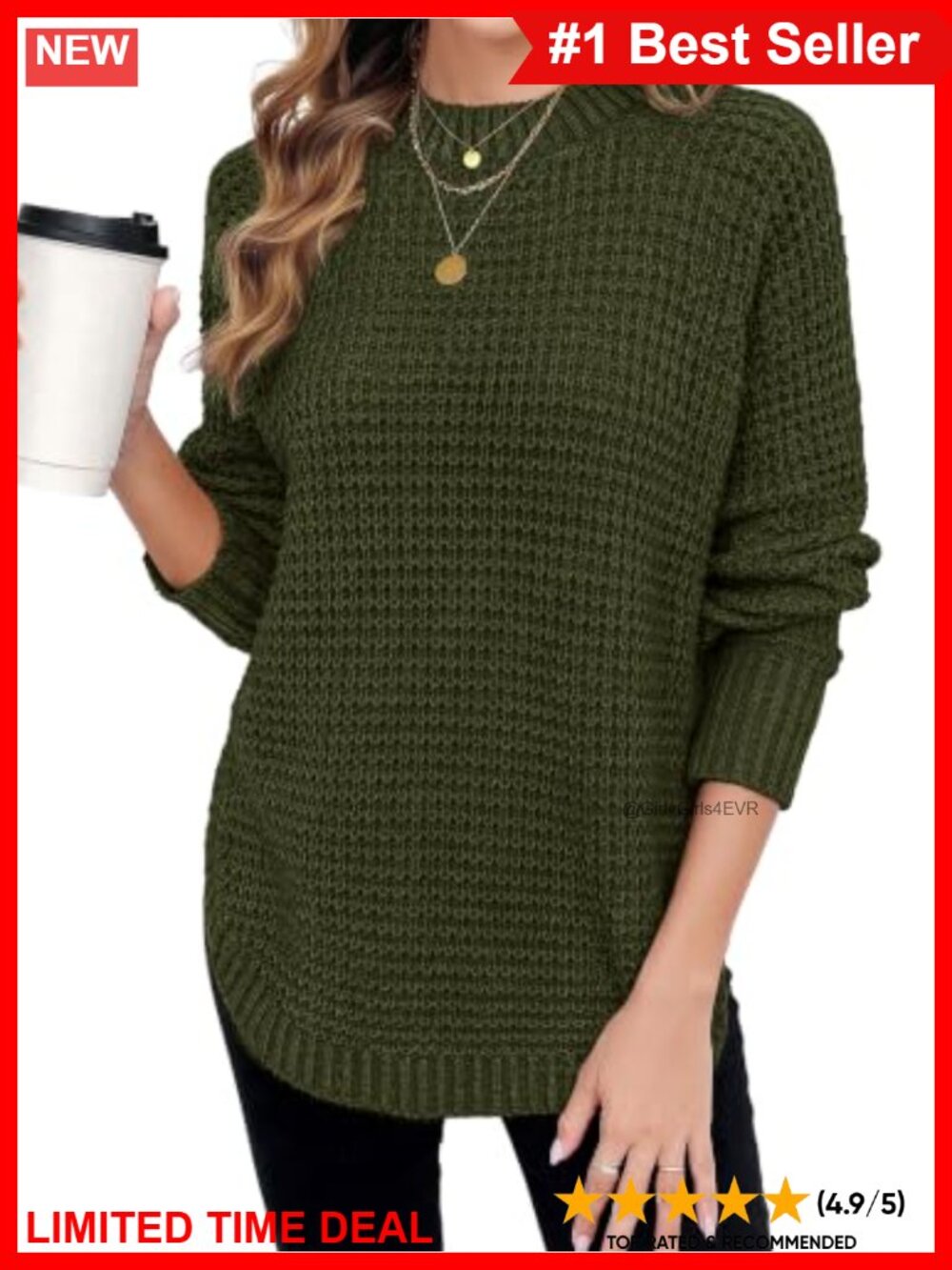 Womens Chunky Waffle Knit Sweater Long Pullover Crew Neck Raglan